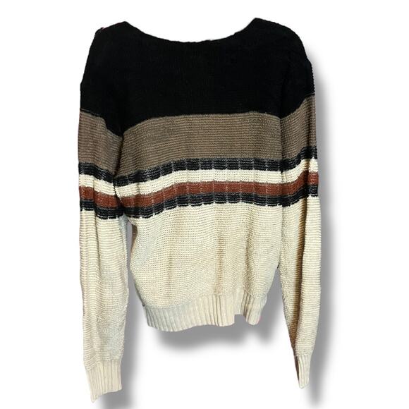 Vintage Striped Knit Sweater Neutral Earth Tones V-Neck Size L - Picture 4 of 9